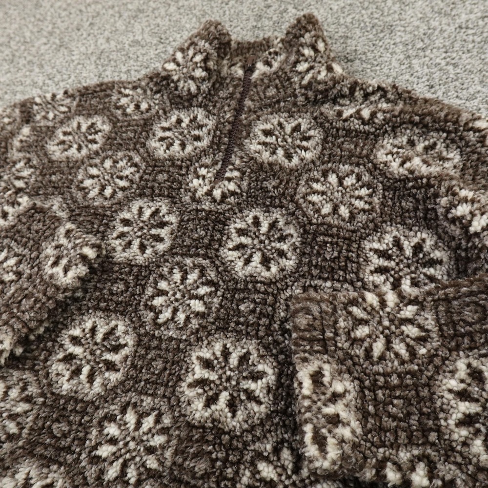 VTG Fair Isle Sweater Womens M Brown Nordic Snowflake Pullover 1/4 Zip‎ USA 90s